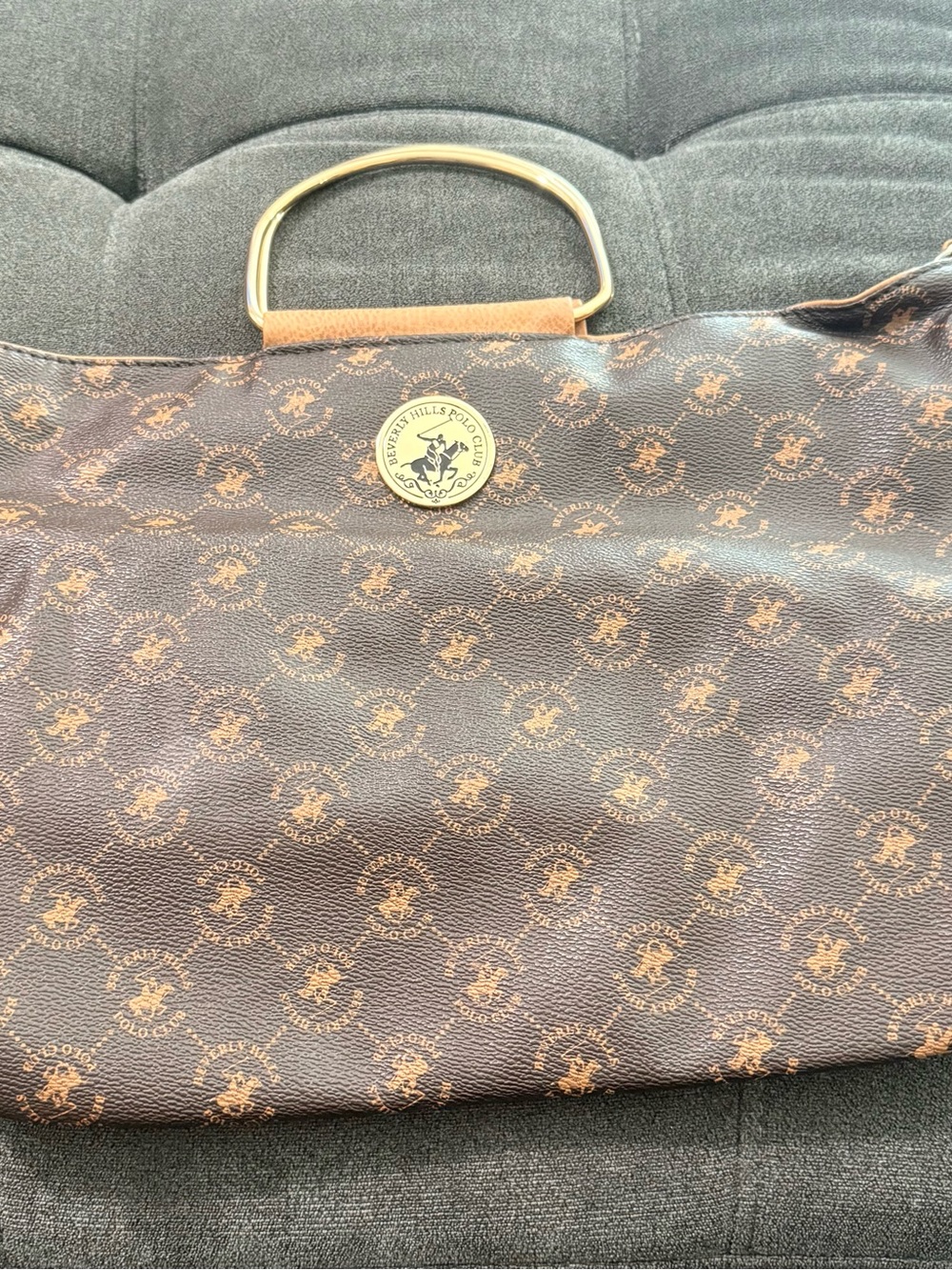 Beverly Hills Polo Club Brown and Tan Monogram Tote with Gold Handle